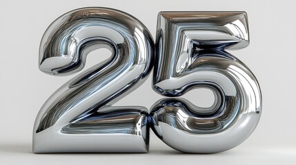 Shiny metallic inflated number 25. Ideal for anniversaries, birthdays, or sales promotions. Adds a touch of modern elegance to designs.