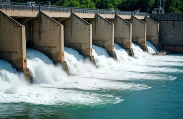 Hydroelectric power station releases water. Powerful flow of water pours from concrete structures. Water flows forcefully. Industrial tech. Energy generation. Strong water current. River basin.