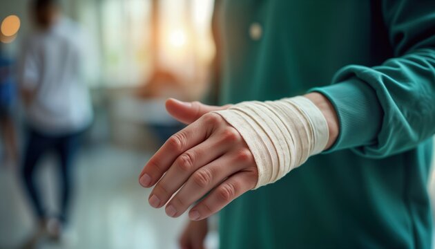 Close-up of mans hand with bandage. Man injury on hand. Injury support. Accident, health, safety concept. Possibly in hospital clinic. Focus on medical care, treatment. Person needs recovery,