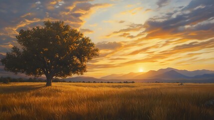 Obraz premium A serene sunset landscape featuring a lone tree and distant mountains under a colorful sky.
