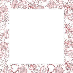 Frame hand drawn stylized red hearts illustrations with unique patterns including squiggly lines, swirls, florals, lattices. Holiday background. Illustration frame with copy space.