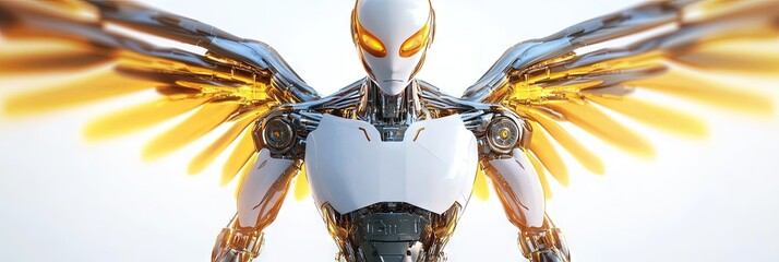 robot angel with metallic angel wings