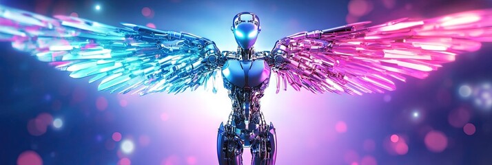 robot angel with metallic angel wings