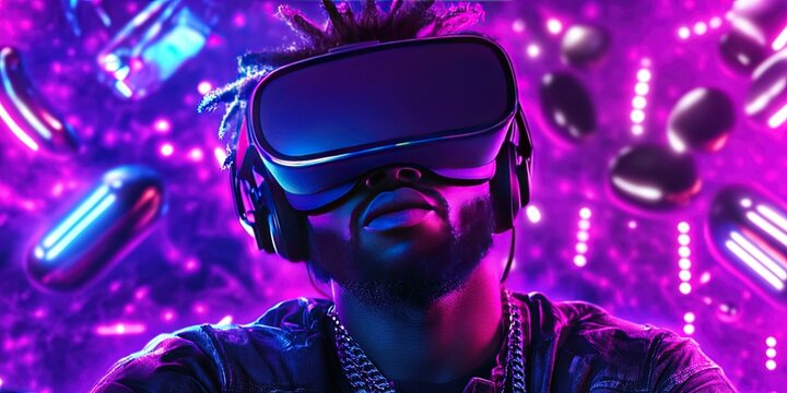 rock star virtual reality concept with male musician wearing headset while performing on stage