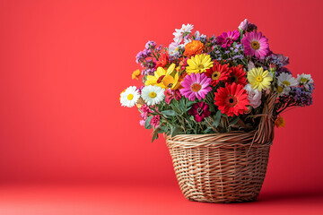 A basket of vibrant flowers placed on a red background. Spring season.