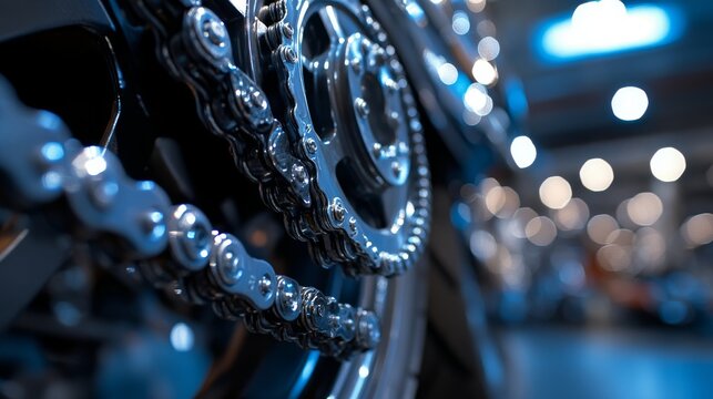 Close-up of a motorcycle chain showcasing intricate details with a blurred background of a garage or workshop