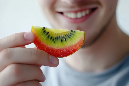 Smiling man holding a fruit dressed in a colorful shirt poses for a joyful portrait against a white background