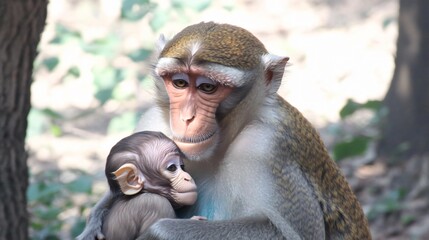 Loving Mother Monkey and Baby Close Up Portrait