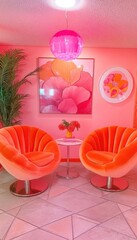 Pink room with orange chairs, floral art, and a pink pendant lamp.  Retro and vibrant interior design.