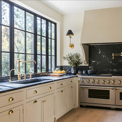 design an Amber Lewis inspired kitchen with oak flooring mushroom cabinets honed black stone countertops large windows pendant lights European range brass hardware wal