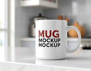White Mug Mockup Displayed in Kitchen Setting