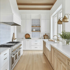a kitchen with warm medium wood tone floors white cabinetry and a pretty backsplash with a coastal transitional vibe using the brand serena and lilly as inspirtation.j