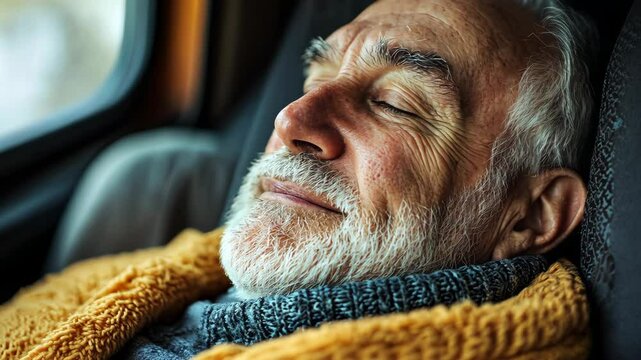 Serene elderly man relaxing in car with peaceful expression