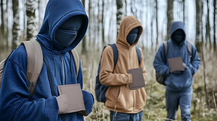 Fototapeta premium Masked teens hike woods, holding tablets; blurred trees background; for mystery, adventure, or thriller.