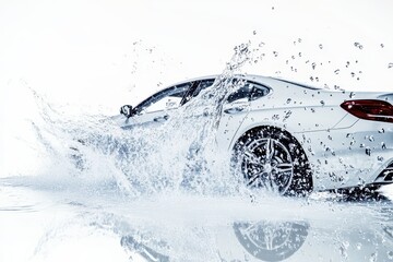 Luxury car being washed with soap and water, showcasing vibrant colors and splashes, captured in a bright environment with a clean white background