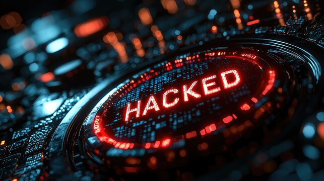 Close-up of a futuristic digital display showing the word "HACKED" in red, indicating a cyberattack or data breach.
