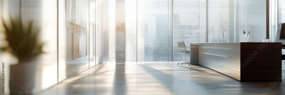 Fototapete sunlight streams into a contemporary office space, highlighting a sleek desk and chair against a bac
