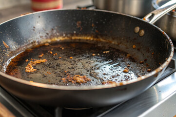 Close-Up of Steel Pan with Burned Food Residue