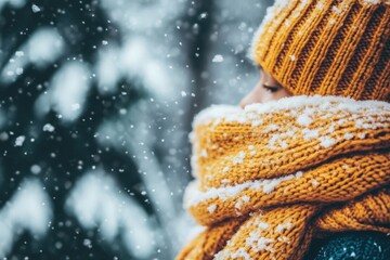 Cozy winter scene: Person bundled in a warm yellow scarf and hat, enjoying the snowfall.