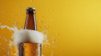 Beer bottle splashing with foam against a vibrant yellow background
