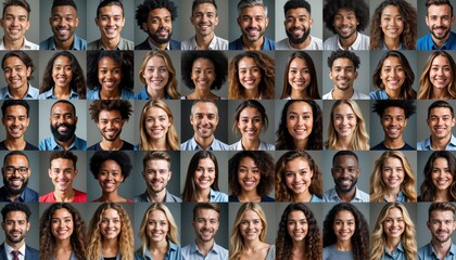 Multiracial people smiling. Portrait collage of diverse men, women. Friendly faces look directly at camera. Happy, diverse people representing global community. Image conveys teamwork, business