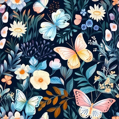 Colorful butterfly and flower pattern on dark background featuring various floral elements and vibrant insects. Generative AI