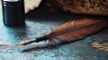 Elegant Brown Feather Pen and Ink Bottle on a Rustic Surface