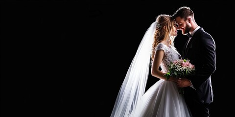 man groom and woman bride in marriage, from front view, full body view, 