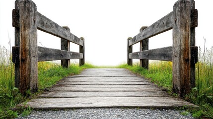 Naklejka premium Rustic wooden footbridge leading to bright fog.