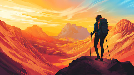 Obraz premium Female hiker in a colorful sandstone mountain landscape at sunset. Sandstone. Illustration