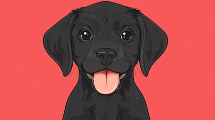 Happy black puppy with a joyful expression and bright eyes against a red background