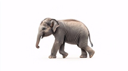 Fototapeta premium Baby elephant walking gracefully on a light background in a spacious environment