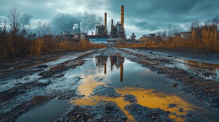 Obraz premium Industrial Reflection: A Muddy Road Leading to a Refinery