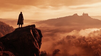 Silhouette of cloaked figure on cliff overlooking castle at sunset