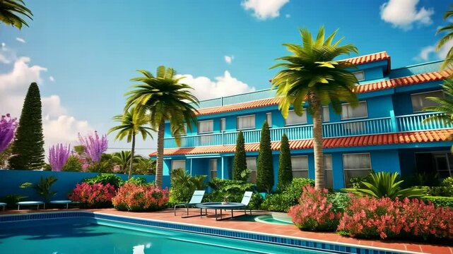 Summer hotel with pool in vaporwave style, pink and blue colors