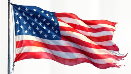 Watercolor painting of tattered American flag. Waving flag with torn edges. Patriotism concept. Independence Day imagery. National pride. Us flag illustration evokes feelings of freedom, liberty.