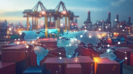 Conceptual illustration of interconnected global trade routes, highlighting manufacturers, suppliers, and distributors on a glowing world map.