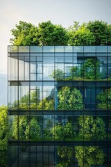 Close-up of the wall of an eco-friendly glass building with trees outside