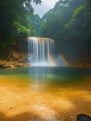 Fototapeta premium Serene waterfall cascading into a tranquil pool with a rainbow.