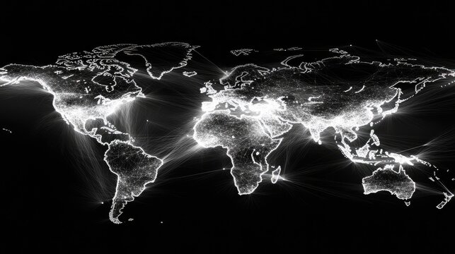 Futuristic global map with interconnected points, representing manufacturers and distributors across international borders.