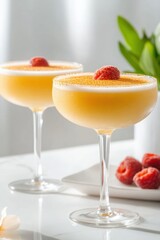 Refreshing cocktails with vibrant raspberries set against a serene backdrop of greenery in a stylish lounge setting