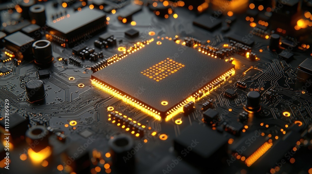Poster close-up of illuminated central processing unit on circuit board.