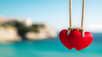 Two red hearts hanging by rope, seaside background, summer romance concept, perfect for Valentine's Day cards.
