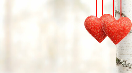 Two red hearts hanging on birch tree, winter forest background. Romantic Valentine's Day card, website banner.