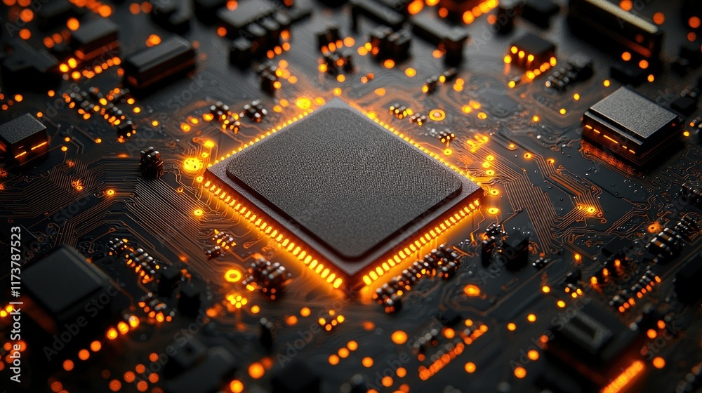 Poster close-up of illuminated central processing unit on circuit board.