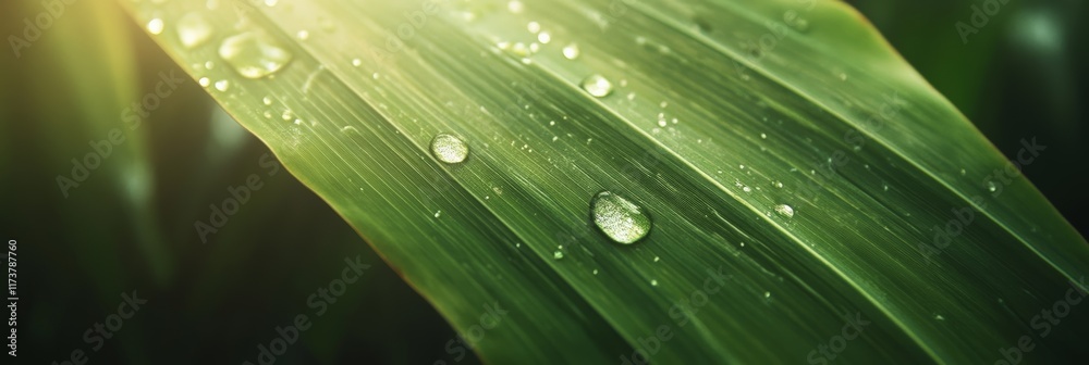 Aufkleber sparkling droplets of dew clinging to the surface of a lush green leaf, capturing the warm glow of s