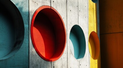 Colorful circular recesses in a concrete wall.