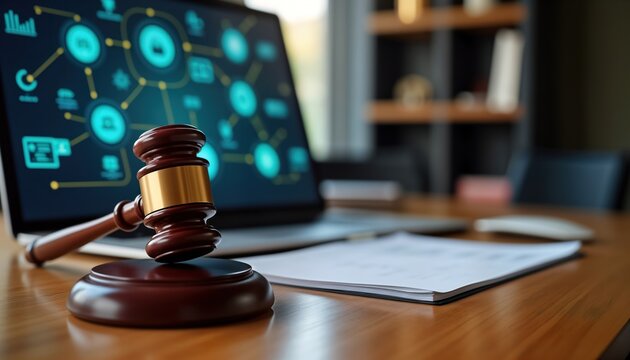 Modern legal tech concept. Judge gavel sits on table near laptop with digital icons. Legal documents are on table. This is a modern approach to law practice in a pro office setting.