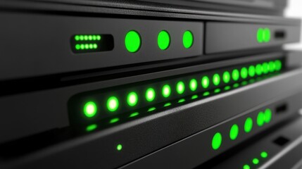 Close-up of server racks with glowing green lights. Ideal for websites or articles about data centers, cloud computing, or cybersecurity.