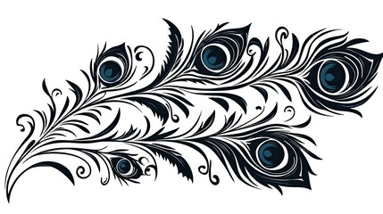 Stylized black peacock feathers on a white background, representing vibrant and intricate ideas.